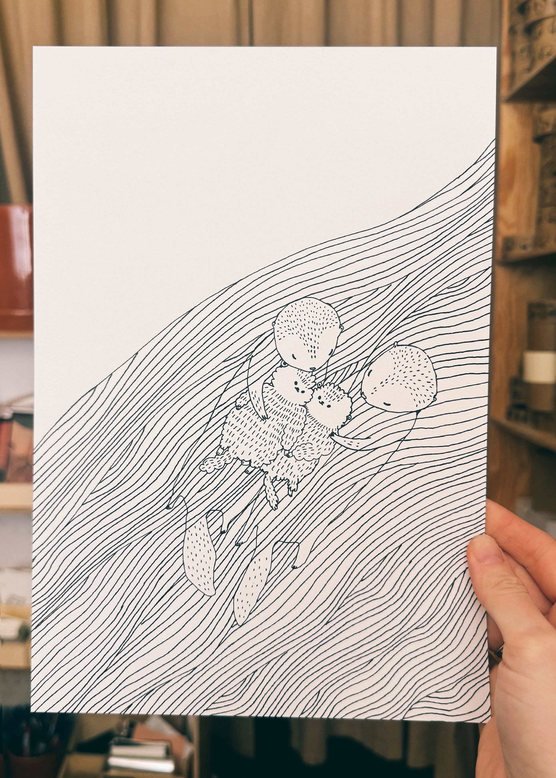 illustration otters holding a baby in the water majasbok maja Säfström artprint